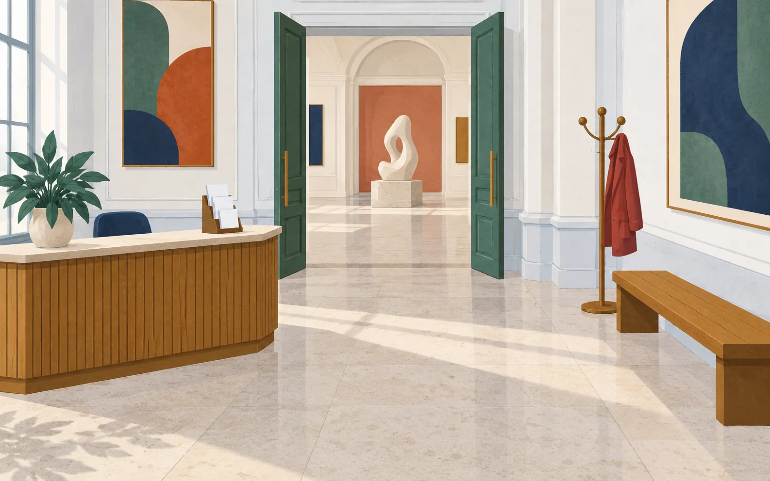 A bright museum entrance hall seen from slightly above: a reception desk with a leaflet stand on it, a bench beside a coat rack, and an open doorway leading int