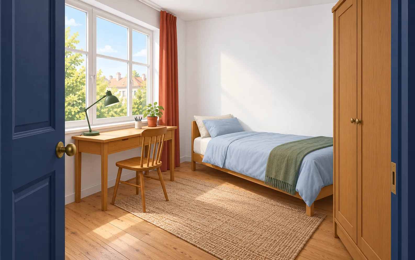 A bright small bedroom viewed from the open doorway. A desk stands beside a large window. A lamp sits on the desk; a chair is in front of it. A bed is against t