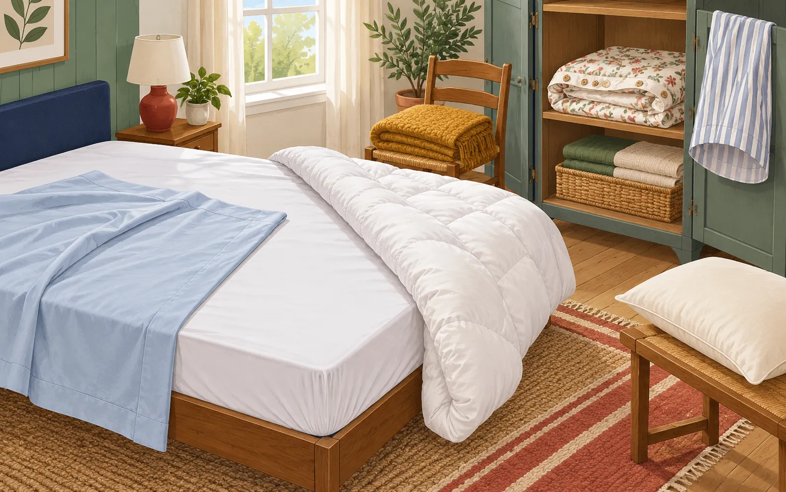 A bright bedroom being prepared for a guest, viewed from slightly above. A white elastic fitted sheet hugs the exposed mattress corners. A loose pale blue flat 