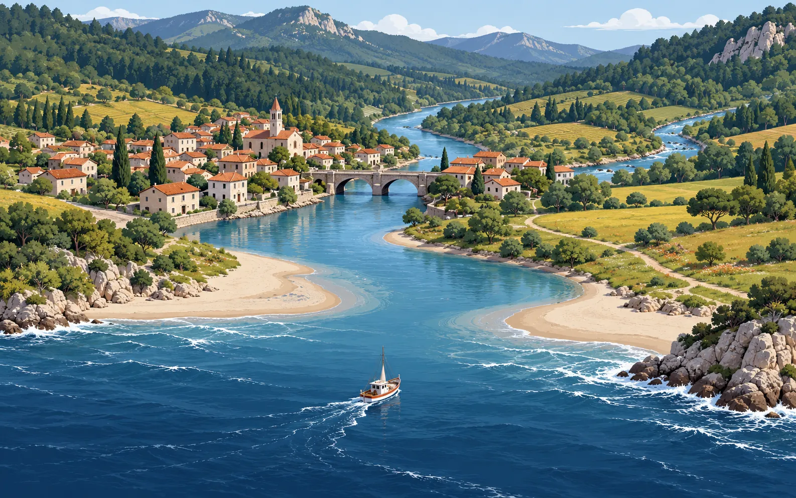 An oblique aerial view of a coastal valley. A winding main river runs from wooded inland hills through a small town to an open sea at the bottom of the image. A