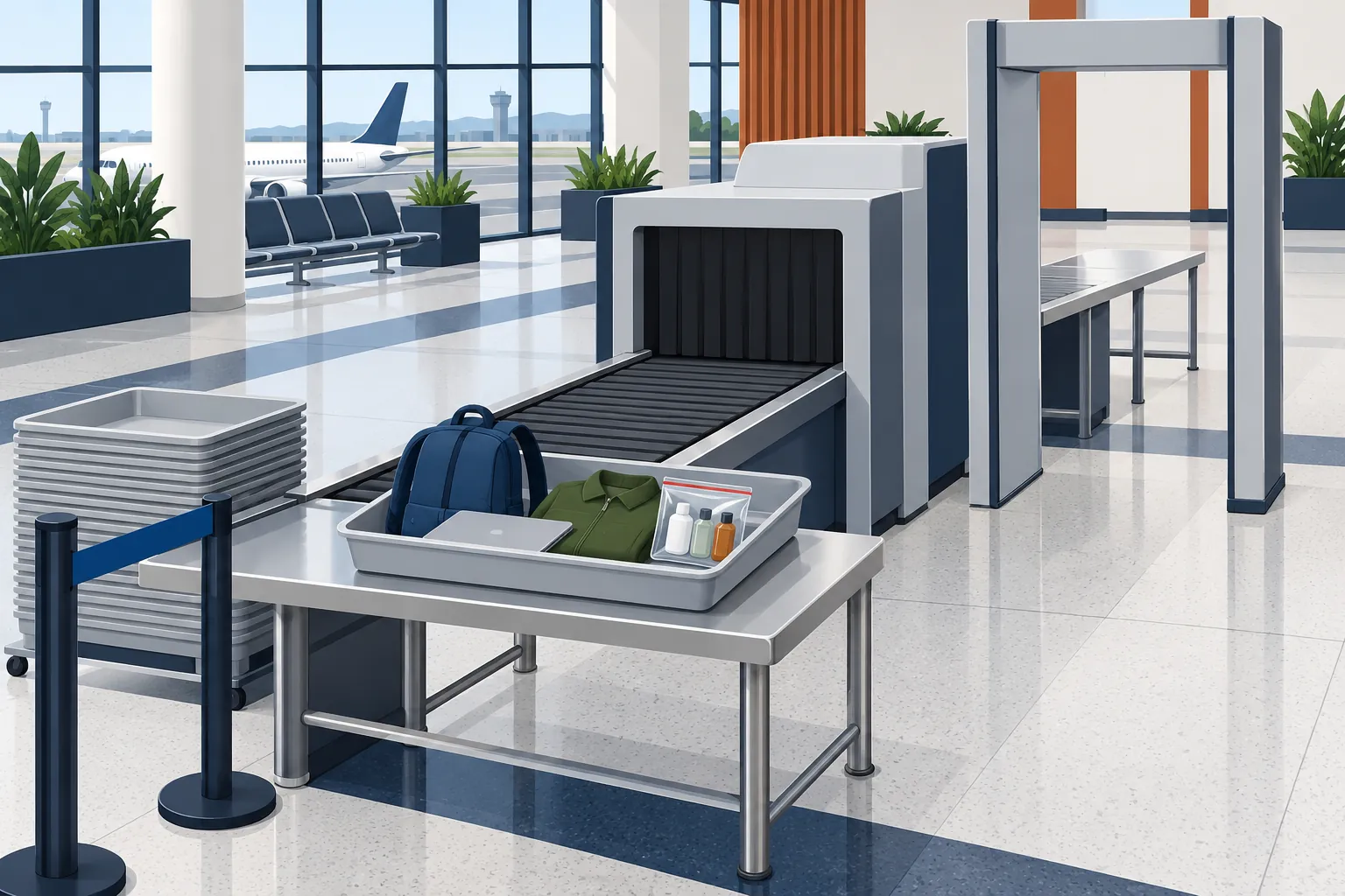 A single airport security lane, viewed diagonally from the traveller's side. At the near left, a queue barrier leads to a tray stack and loading table. A grey t