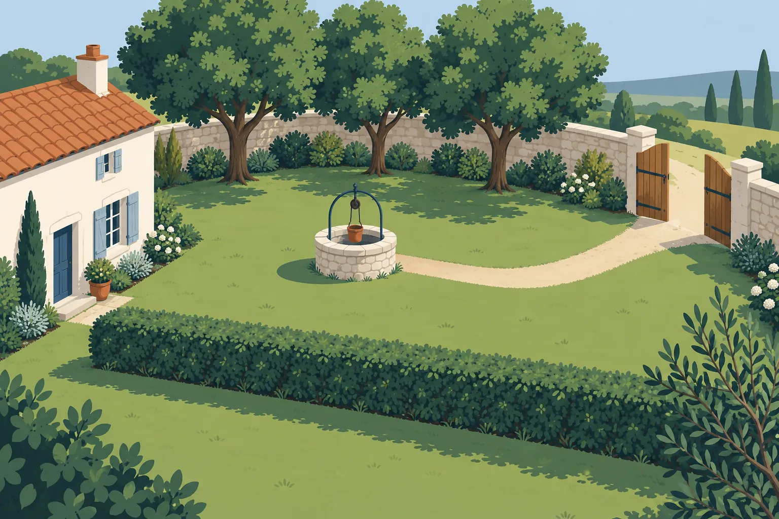 Un jardín ilustrado visto en ángulo desde arriba. Hay una casa pequeña a la izquierda, un pozo de piedra en el centro y una puerta de jardín de madera abierta a la derecha. Un seto bajo y recortado cruza parte del jardín; detrás se ve claramente un sendero estrecho que va del pozo hacia la puerta. Tres árboles grandes se agrupan al fondo. Mantén visible el sendero por encima del seto bajo. No hay etiquetas ni texto escrito.