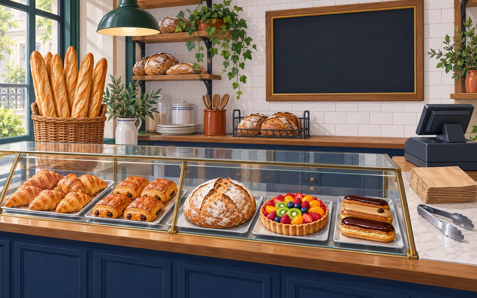 Interior de una pequeña panadería francesa visto desde el lado del cliente: vitrina de cristal con barras de pan en una cesta detrás, cruasanes y pasteles de chocolate en bandejas, un pan redondo de campo, una tarta de frutas, pasteles alargados rellenos de crema, caja registradora, bolsas de papel, pinzas para pan y una pizarra de precios sin texto legible.