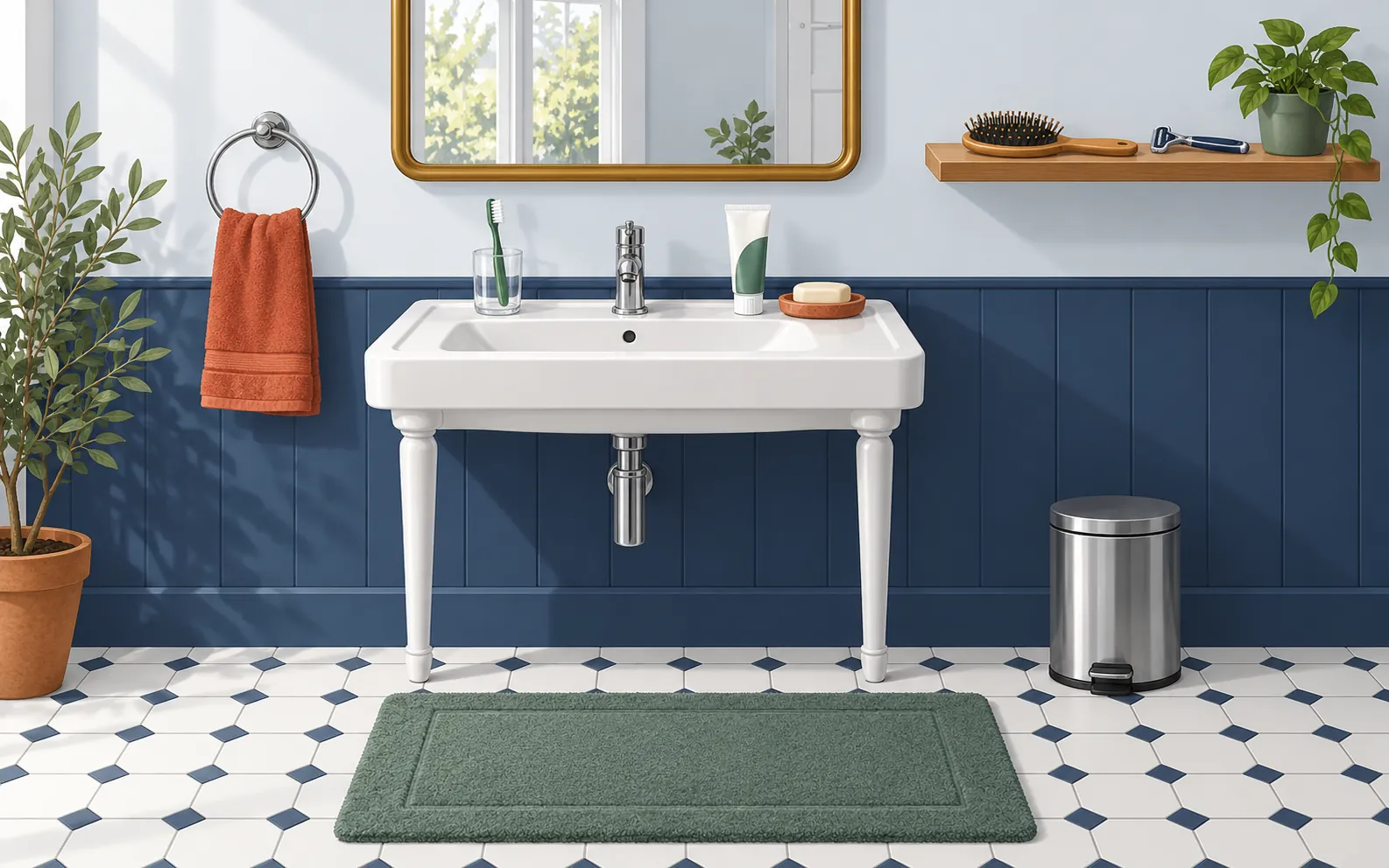 A tidy French bathroom basin area seen from the front: a white basin with a chrome tap, a mirror above, a shelf with a toothbrush in a glass, a tube of toothpas