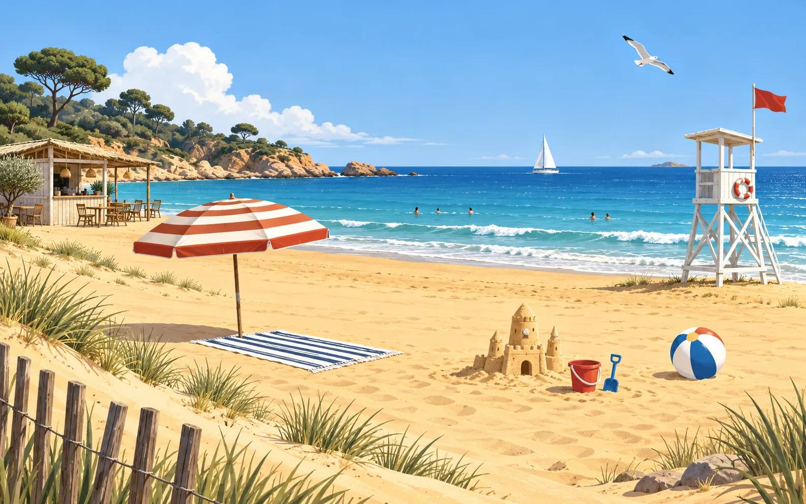 A sunny French beach seen from the dunes: golden sand, blue sea with small waves, a striped parasol over a beach towel, a sandcastle with a bucket and spade, a 
