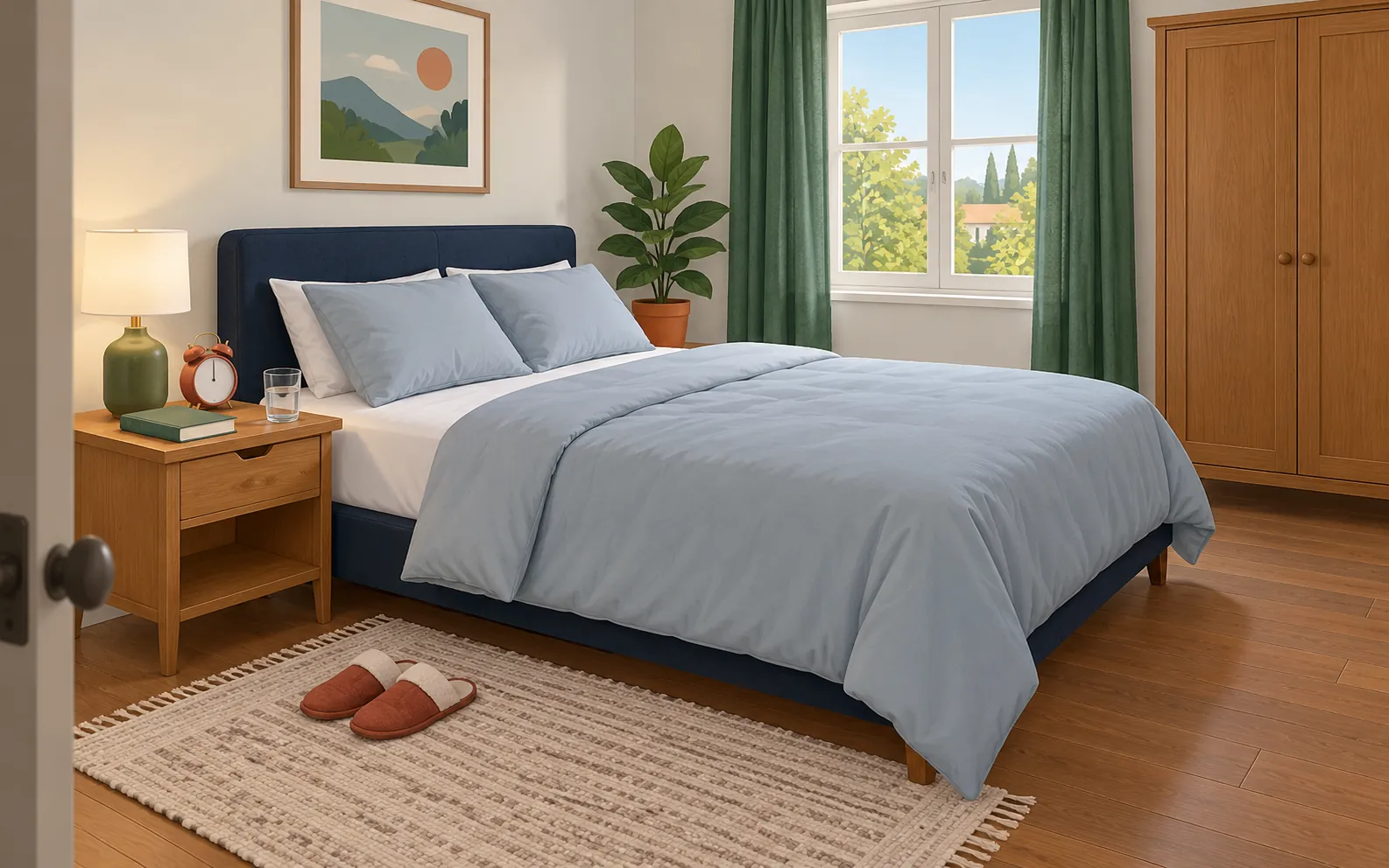 A calm bedroom corner seen from the doorway: a double bed with a duvet and two pillows, a bedside table with a lamp, an alarm clock, a book and a glass of water