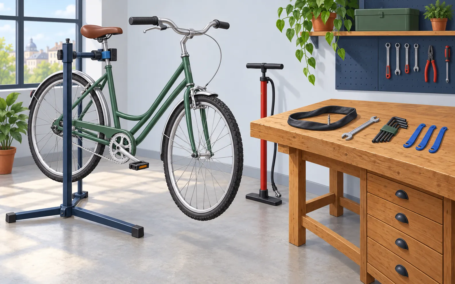 Three-quarter view of an uncluttered bicycle workshop. One complete city bicycle is clamped to a floor repair stand beside a wooden workbench. Clearly visible b