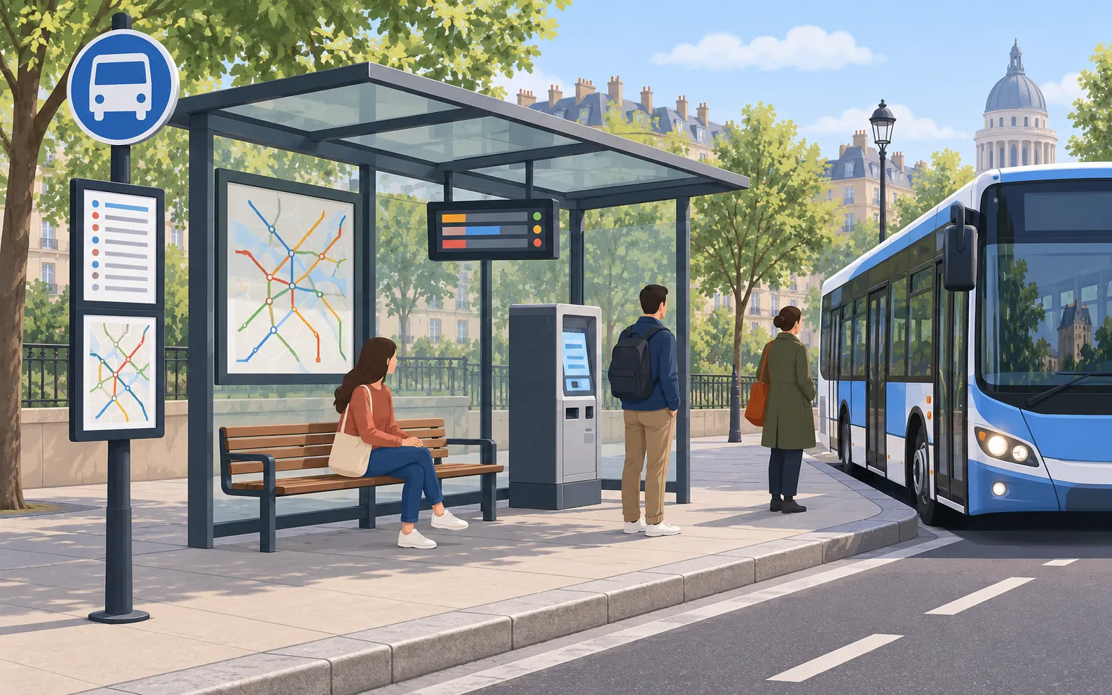 A modern French city bus stop on a pavement: a glass bus shelter with a bench, a pole with a round sign showing a line number without readable text, a timetable