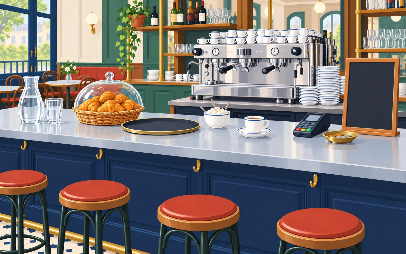 The zinc counter of a traditional French café seen from a customer's side: a large chrome espresso machine, a stack of small cups and saucers, a sugar bowl, a b