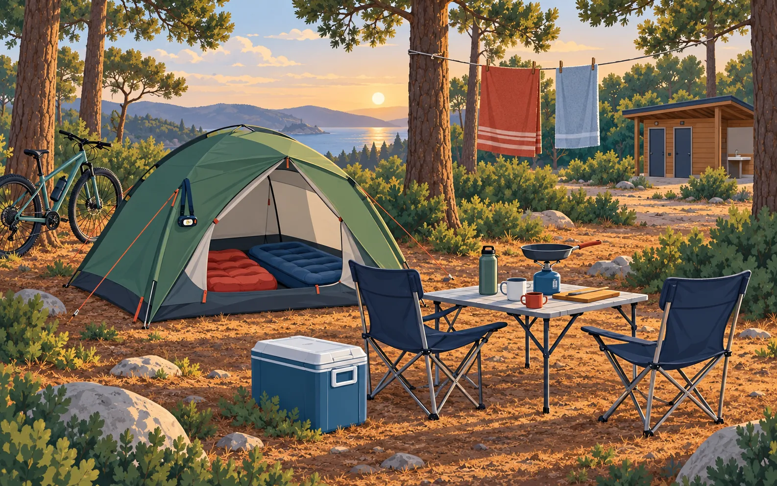 A campsite pitch in a pine forest in the late afternoon: a two-person dome tent with the door open showing a sleeping bag and an airbed, a folding table and two