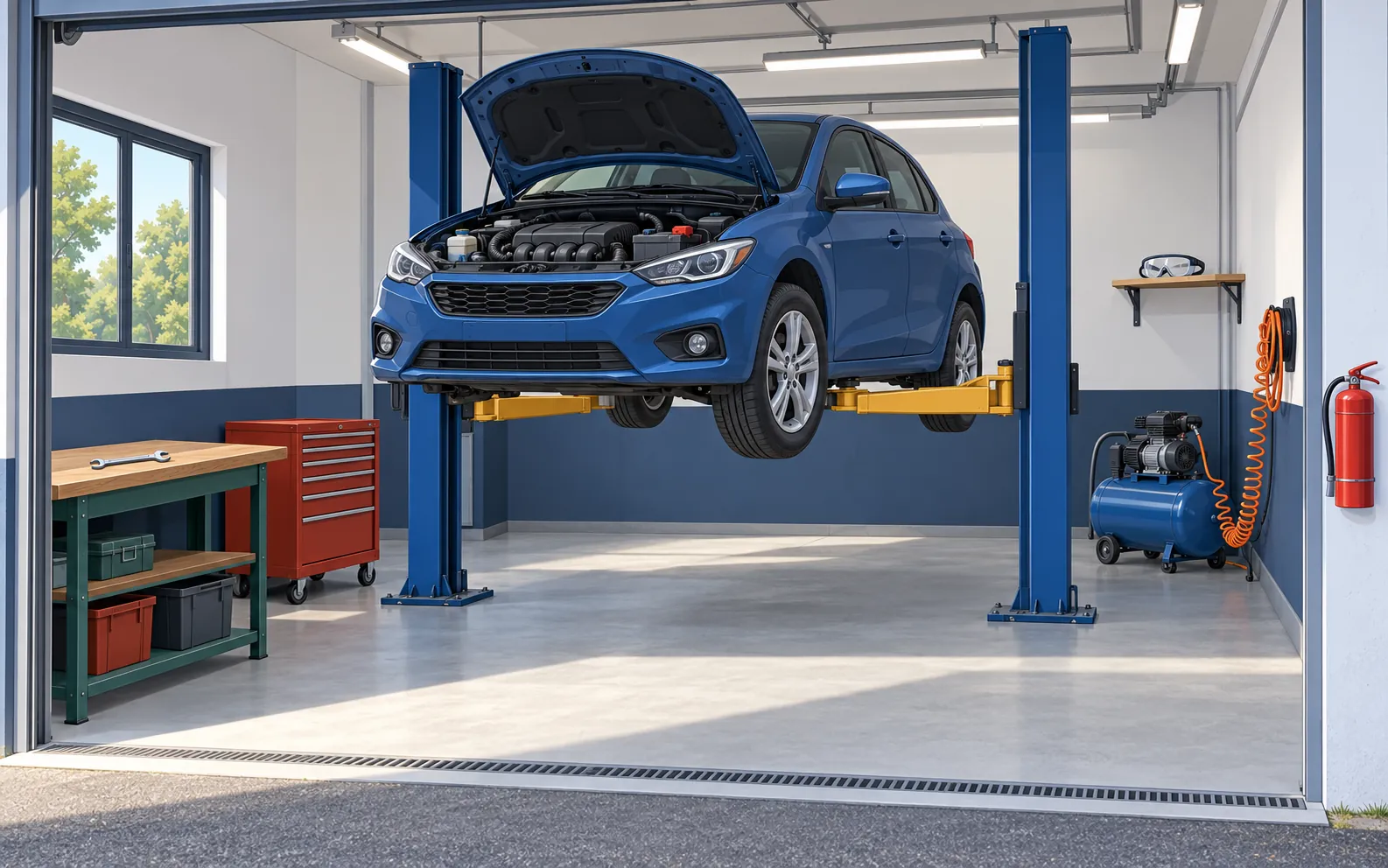 A clean car repair bay viewed from the open entrance. A blue car is raised modestly on a two-post vehicle lift, its front left wheel still fitted and its bonnet