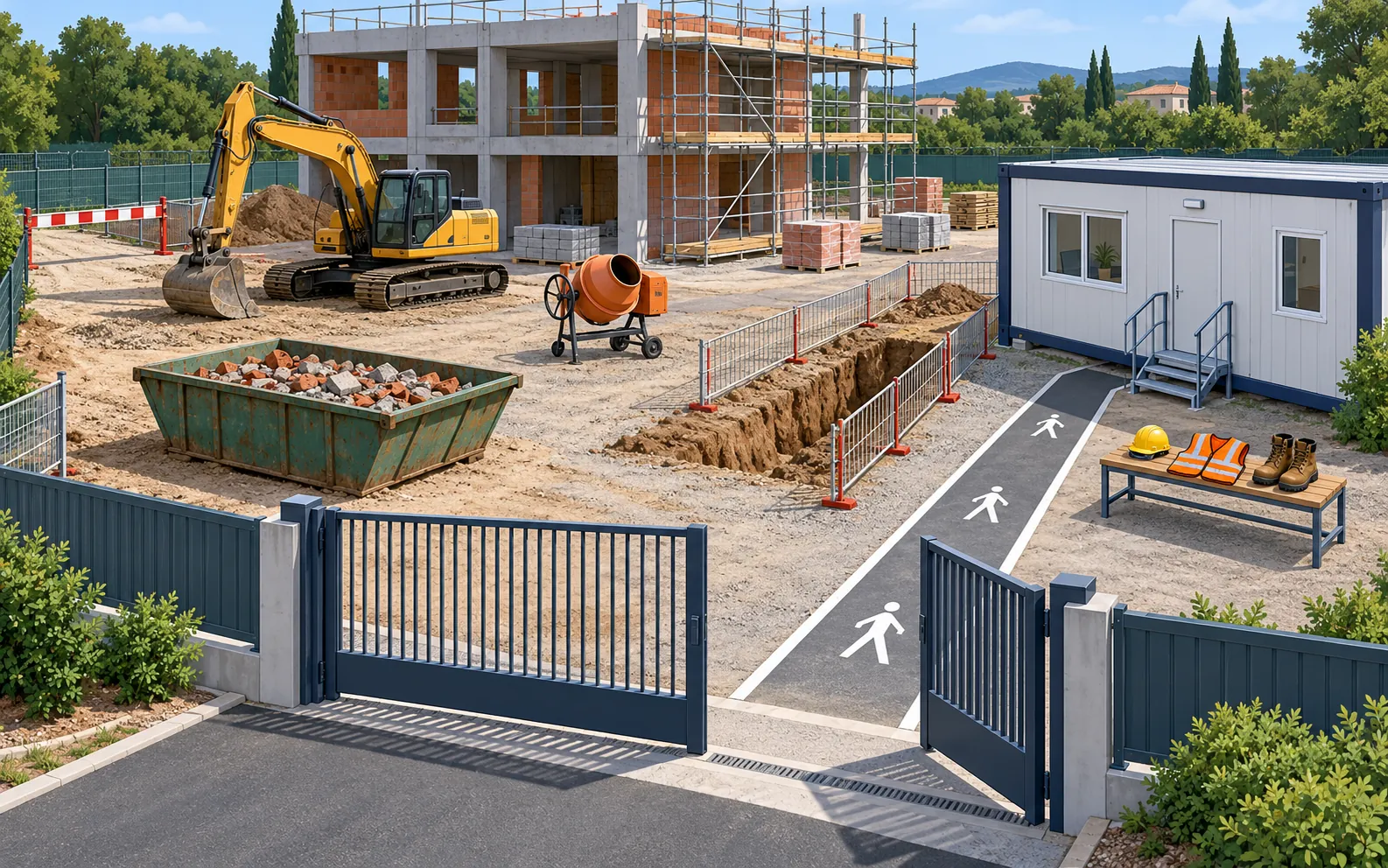 Wide daylight overview of an orderly building site beside a partially built low-rise structure. At the front are an open entrance gate, a separate red-and-white