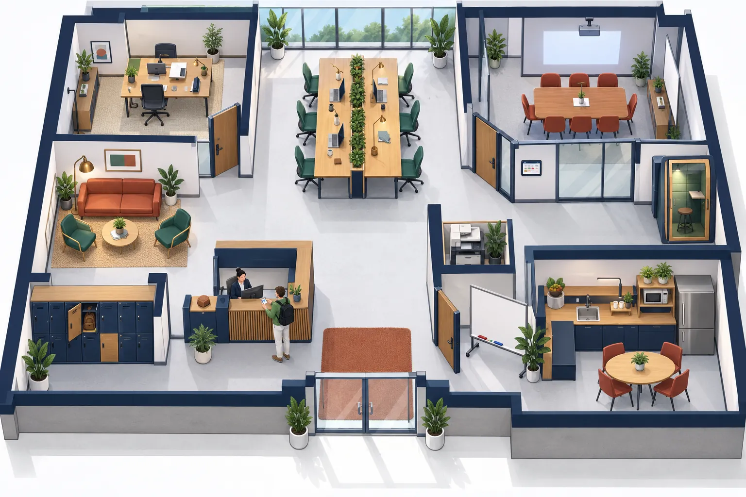 A bright coworking space viewed from above at a cutaway angle, with clearly separated rooms and wide walkways. At the entrance are a staffed reception counter a