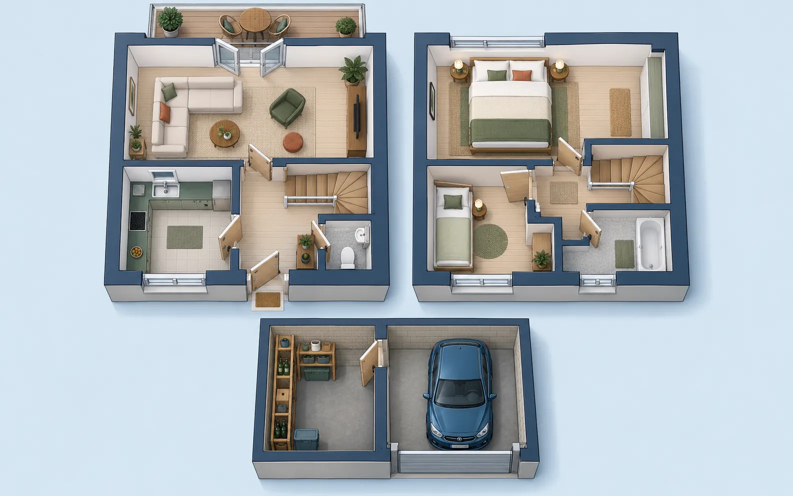 An uncluttered architectural floor-plan illustration of one duplex flat, shown in two large aligned panels for the lower and upper levels, linked by a matching