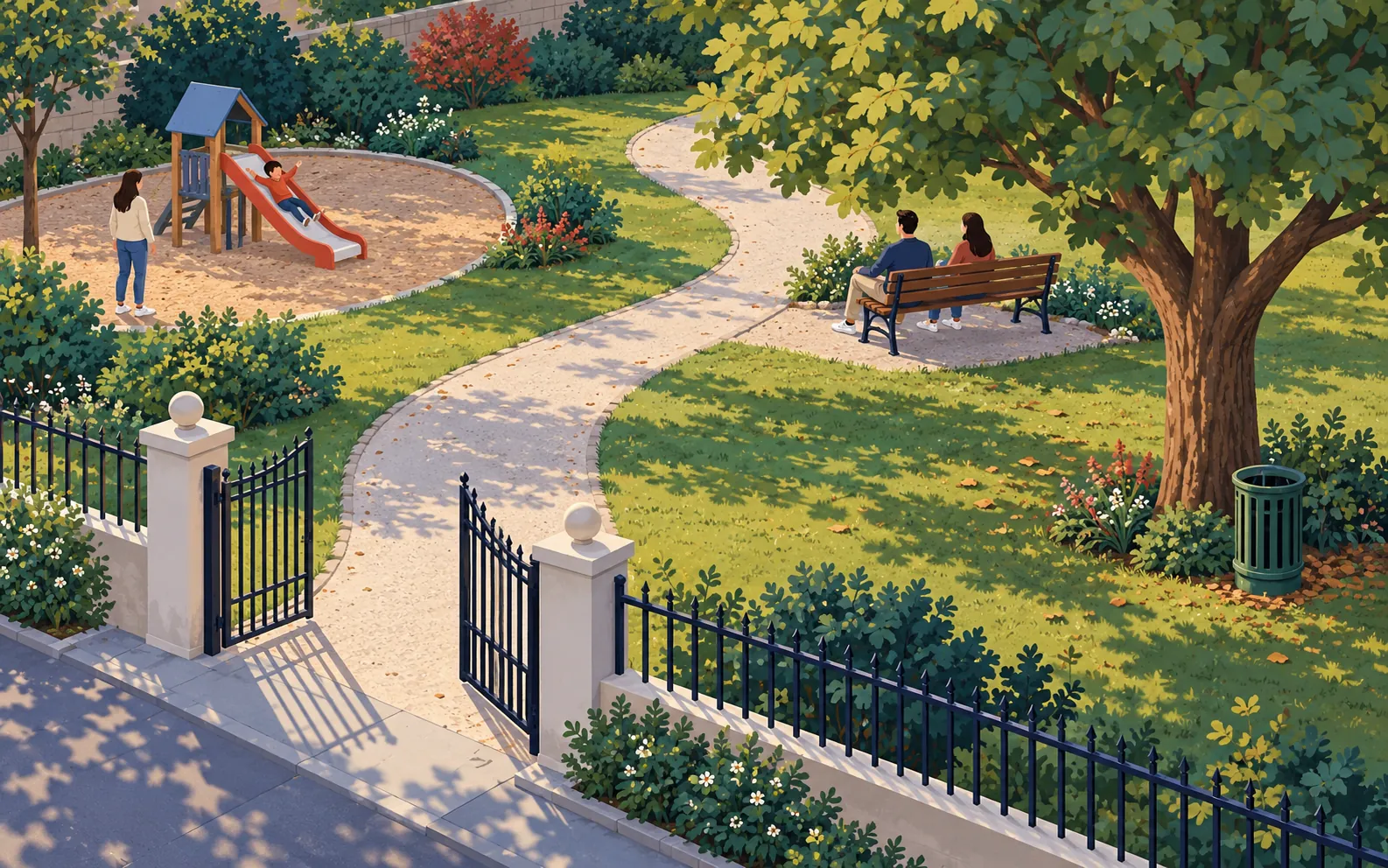 A small neighbourhood park in late afternoon, viewed from above at a gentle angle. An open iron gate leads to a winding path. Two adults rest on a wooden bench,