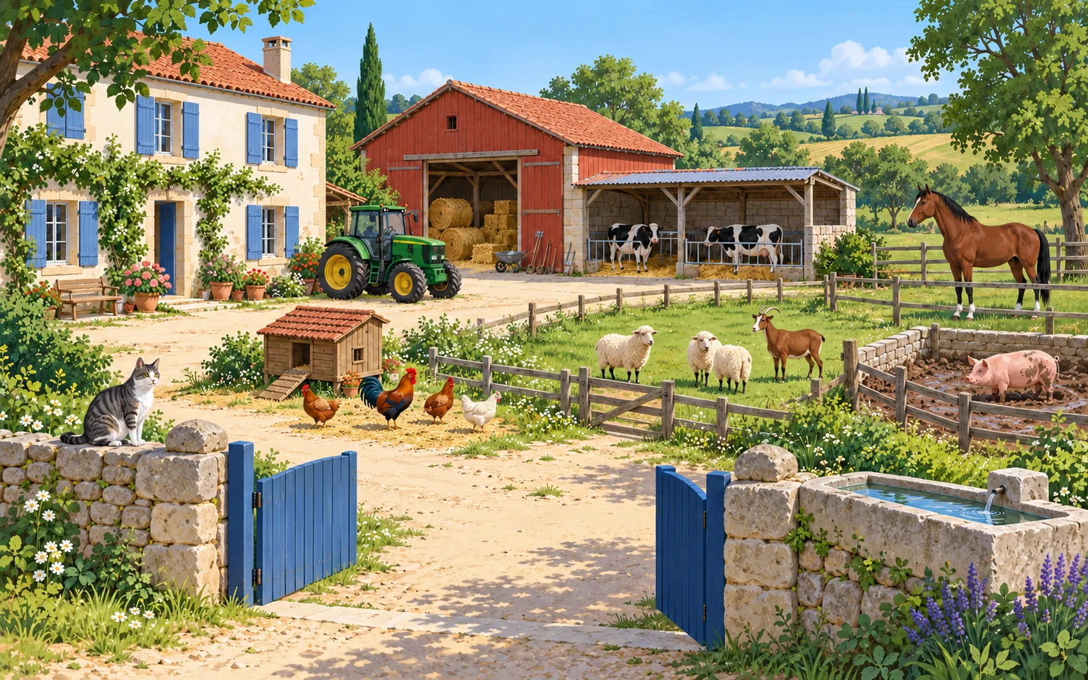 A sunny French farmyard seen from the gate: a red barn with hay bales, a cow shed with two cows, a pig in a muddy pen, three sheep and a goat in a small field, 