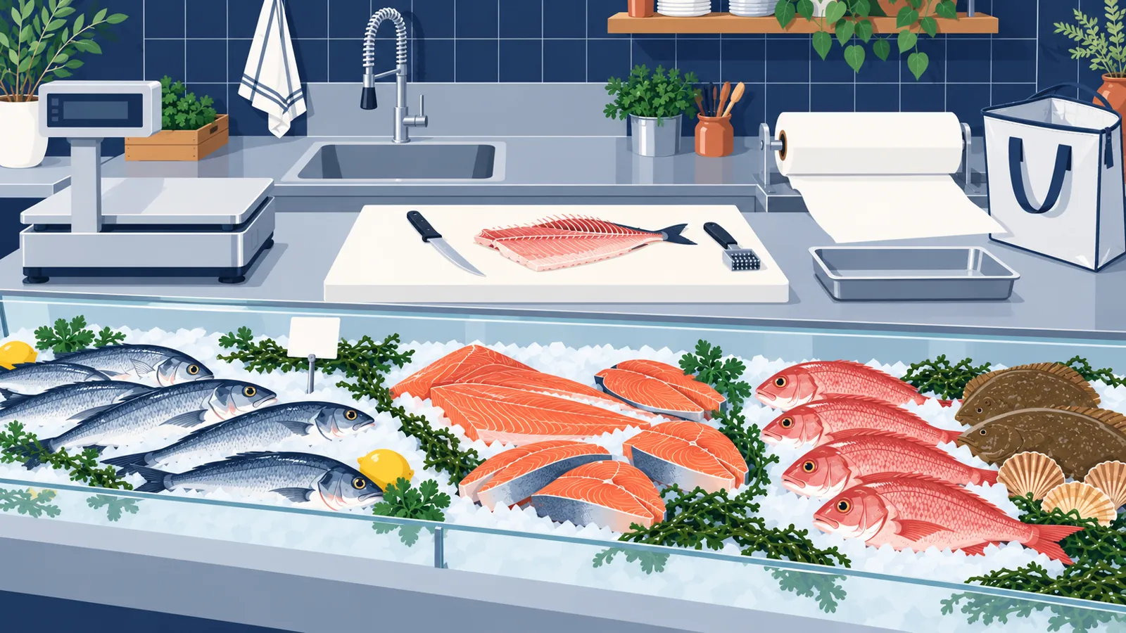 Wide view across a French fishmonger’s counter with three clear areas. At the front a refrigerated display holds silver fish on crushed ice with a blank price c