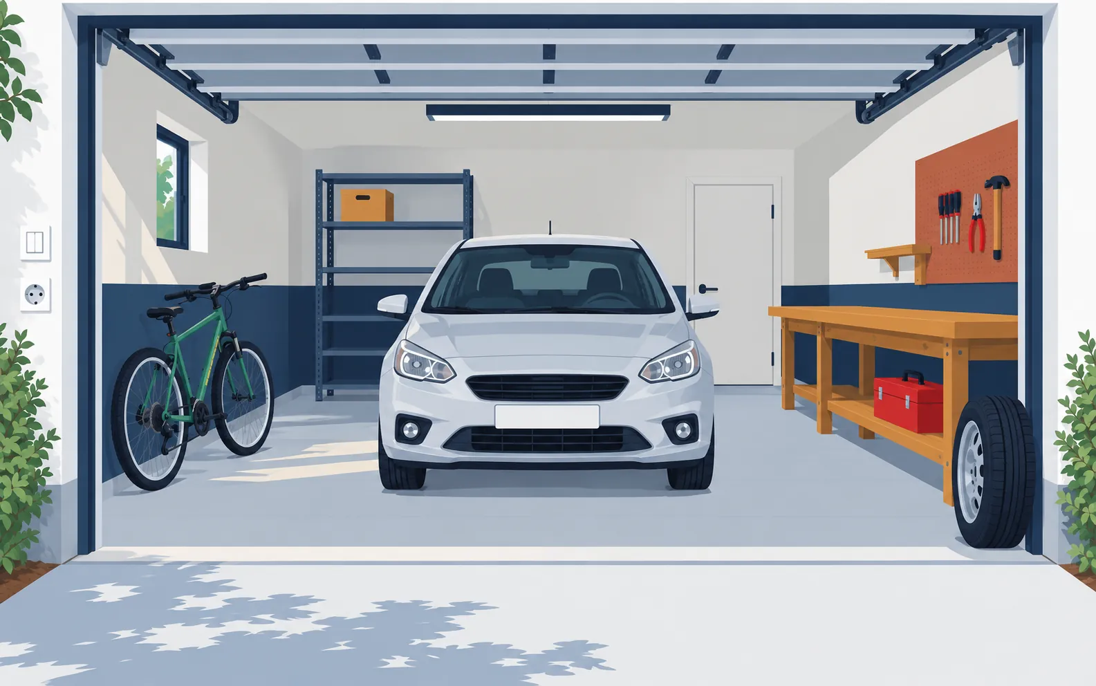 A home garage seen through its wide open garage door from the driveway. A car is parked in the centre. A bicycle leans against the left wall. At the rear stands