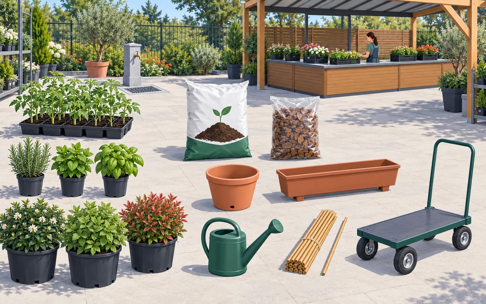 Daylit garden-centre outdoor sales courtyard, viewed from above at a gentle angle. Along the left are separate benches of young tomato plants in small nursery p