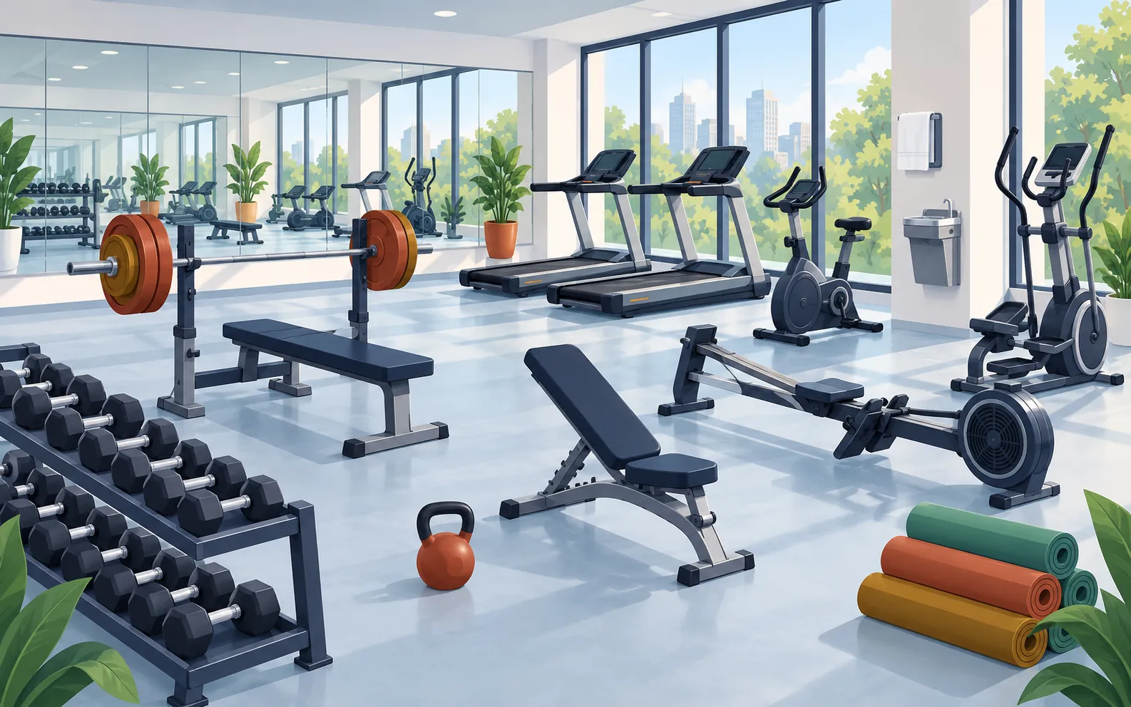 A bright modern gym weights area: a rack of dumbbells, a barbell with plates on a bench press, an adjustable bench, a kettlebell, two treadmills by the window, 