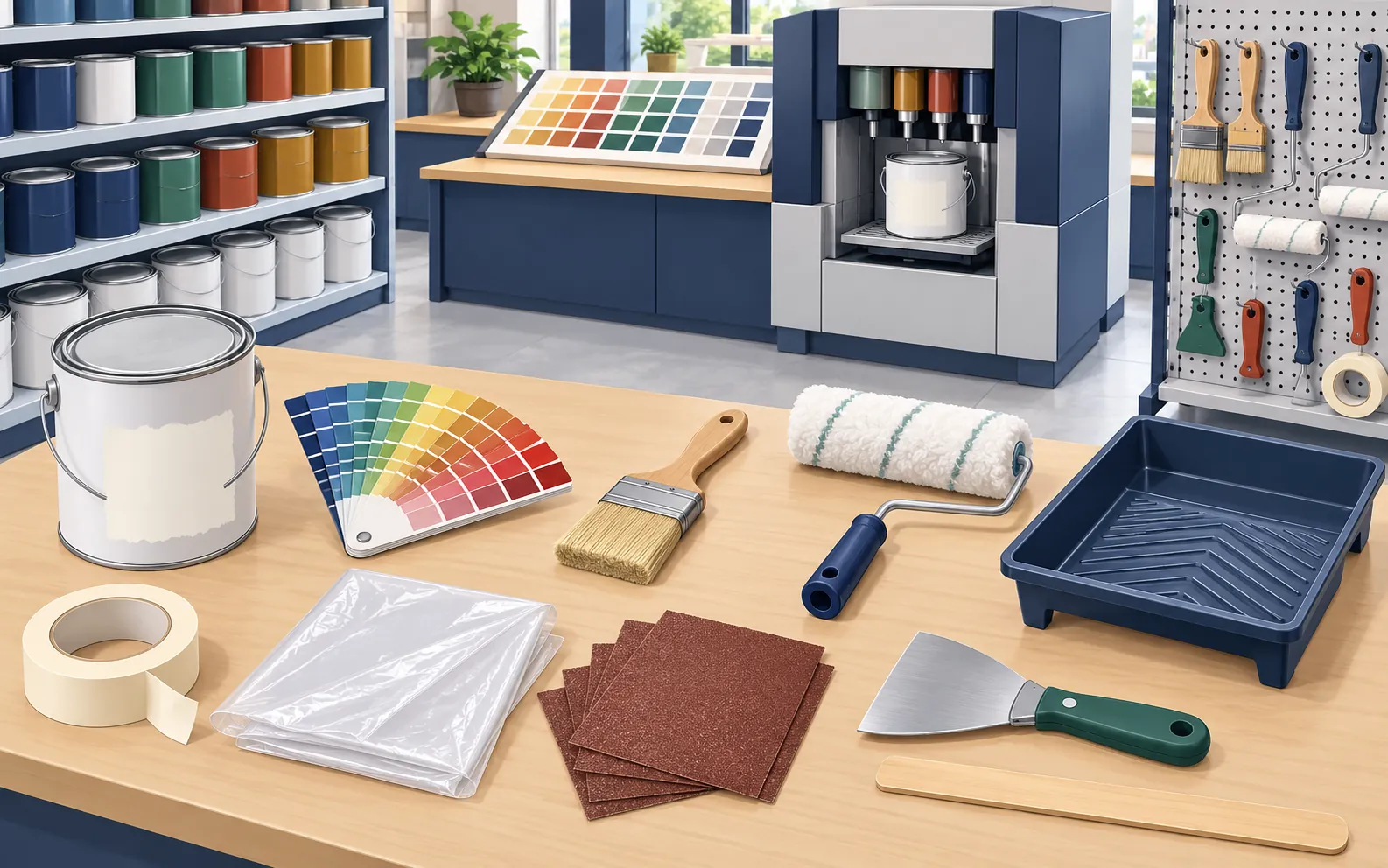 Bright hardware-store paint department seen at a slight overhead angle. A low shelf holds closed metal paint pots. Near the colour desk are a fan-shaped colour 