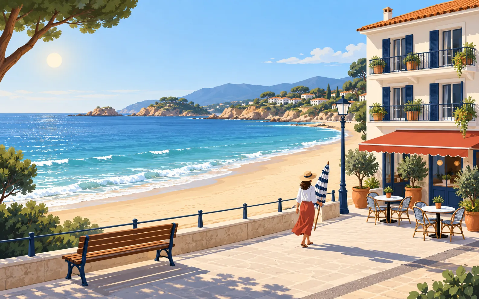 A quiet seaside promenade on a sunny morning, viewed from slightly above: a sandy beach beside calm sea, a small hotel facing the beach, an outdoor café, a benc