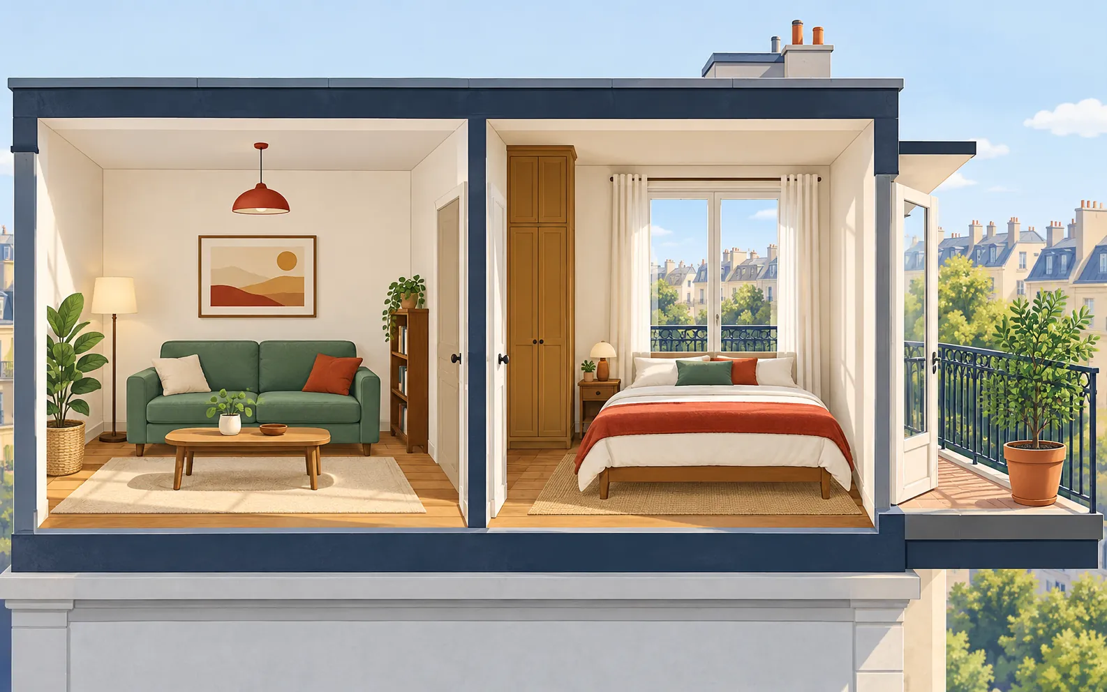 A small bright French flat seen as a clear cutaway: a living area with a green sofa and low table, a bedroom with a bed beside a window and a cupboard, and a ba