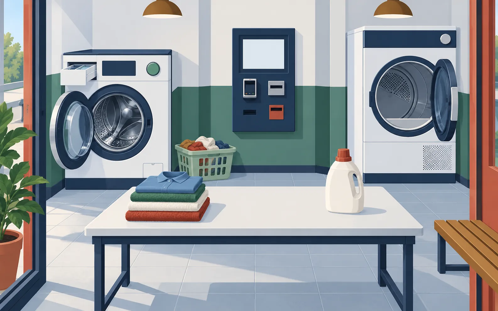 A small self-service launderette viewed from the entrance. On the left is one front-loading washer with a large round glass door, a partly pulled-out detergent 