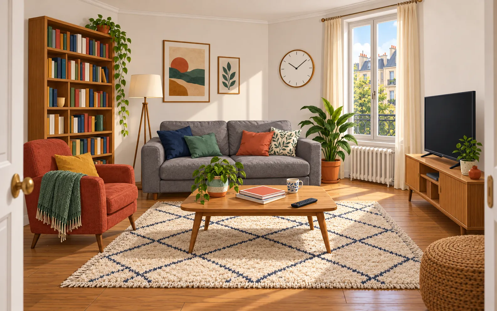 A cosy, slightly messy French living room seen from the doorway: a grey sofa with cushions, an armchair with a throw, a low coffee table holding a TV remote, a 