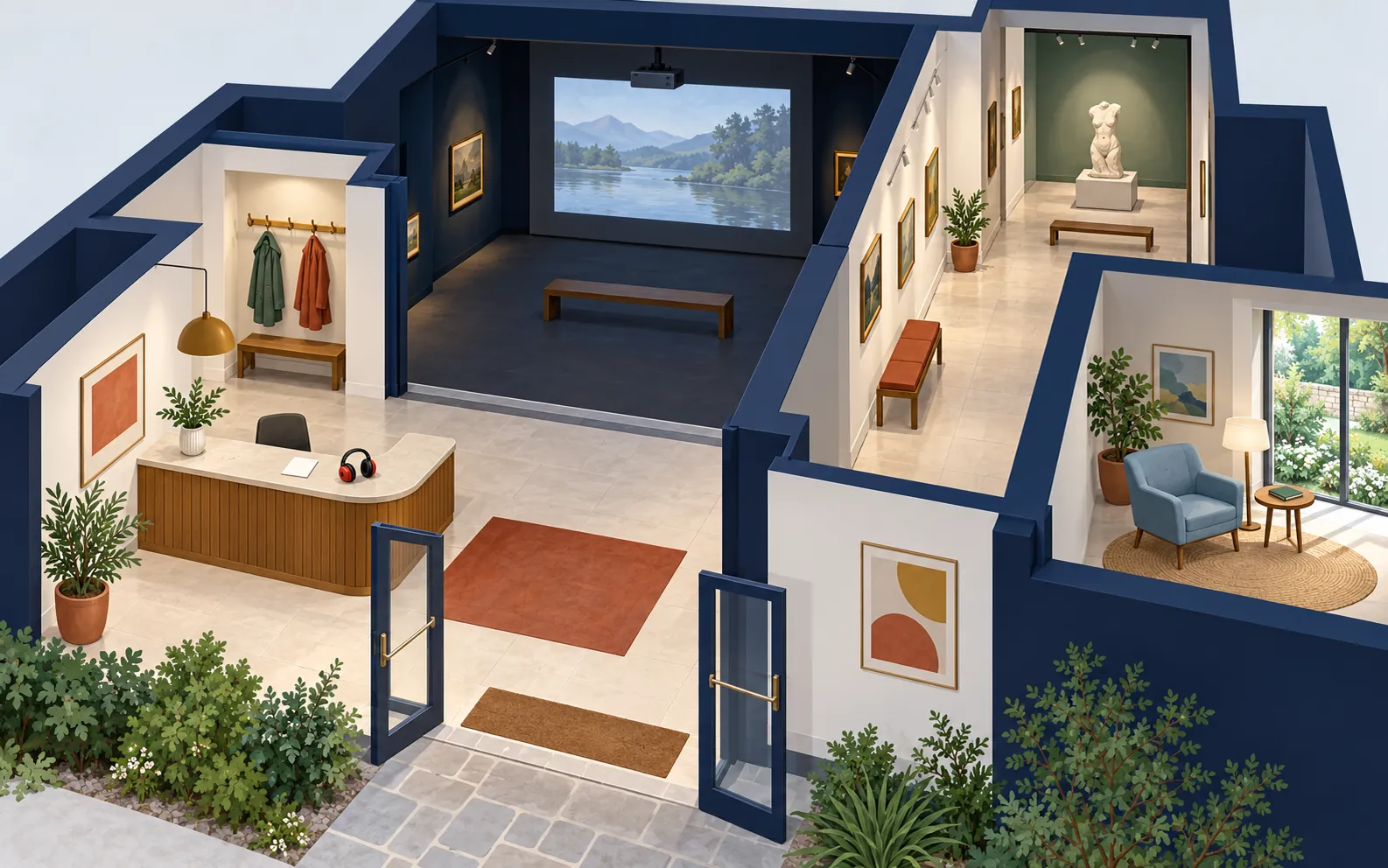 An angled cutaway of a small museum ground floor. Show an entrance reception desk with a ticket, a cloakroom coat hook, a main exhibition doorway with a project
