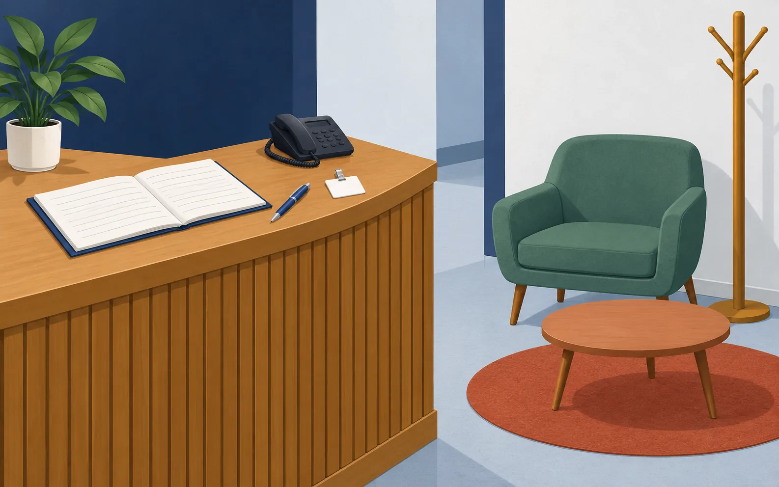 La recepción despejada de una oficina vista desde el lado del visitante. El mostrador ocupa la izquierda; encima hay un registro de visitas de papel abierto, un bolígrafo azul y una credencial de visitante en blanco con una pinza. Detrás se ve claramente un pequeño teléfono de escritorio. A la derecha hay un sillón de espera con una mesa baja justo delante y un perchero al lado. Representa los ocho objetos con tamaño suficiente para identificarlos por separado.