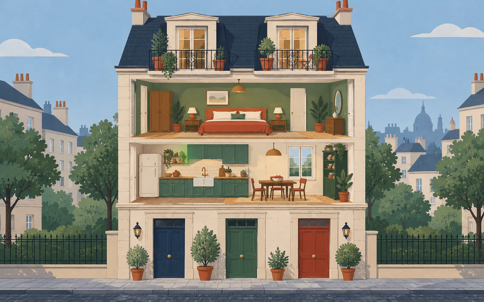Front cutaway of a small French apartment building with a ground level and three upper floors, all visible at once. The ground level has exactly three separate 