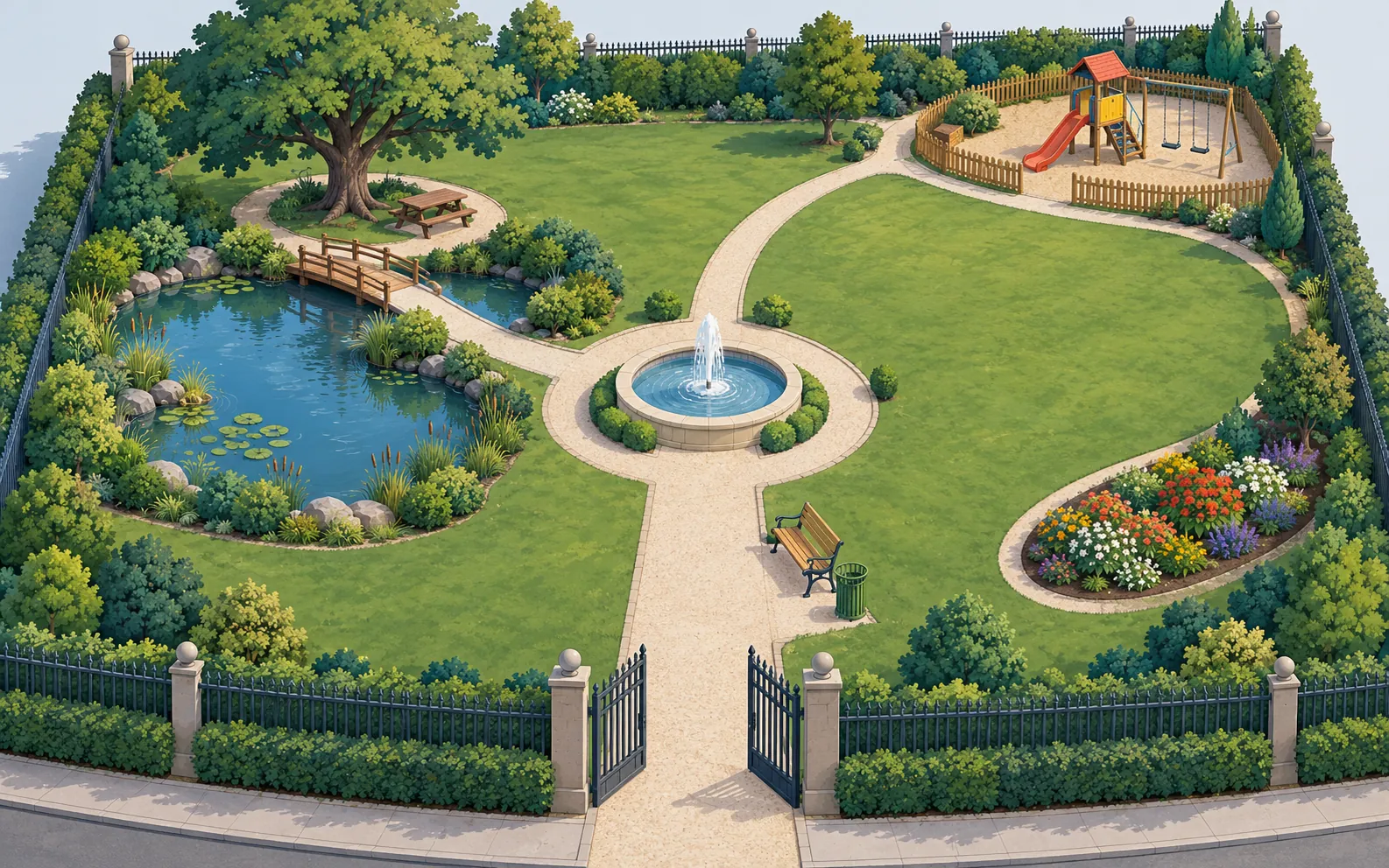 A compact public park in a clear bird’s-eye three-quarter view, oriented with the main gate at the bottom. A straight path runs from that gate to a circular fou