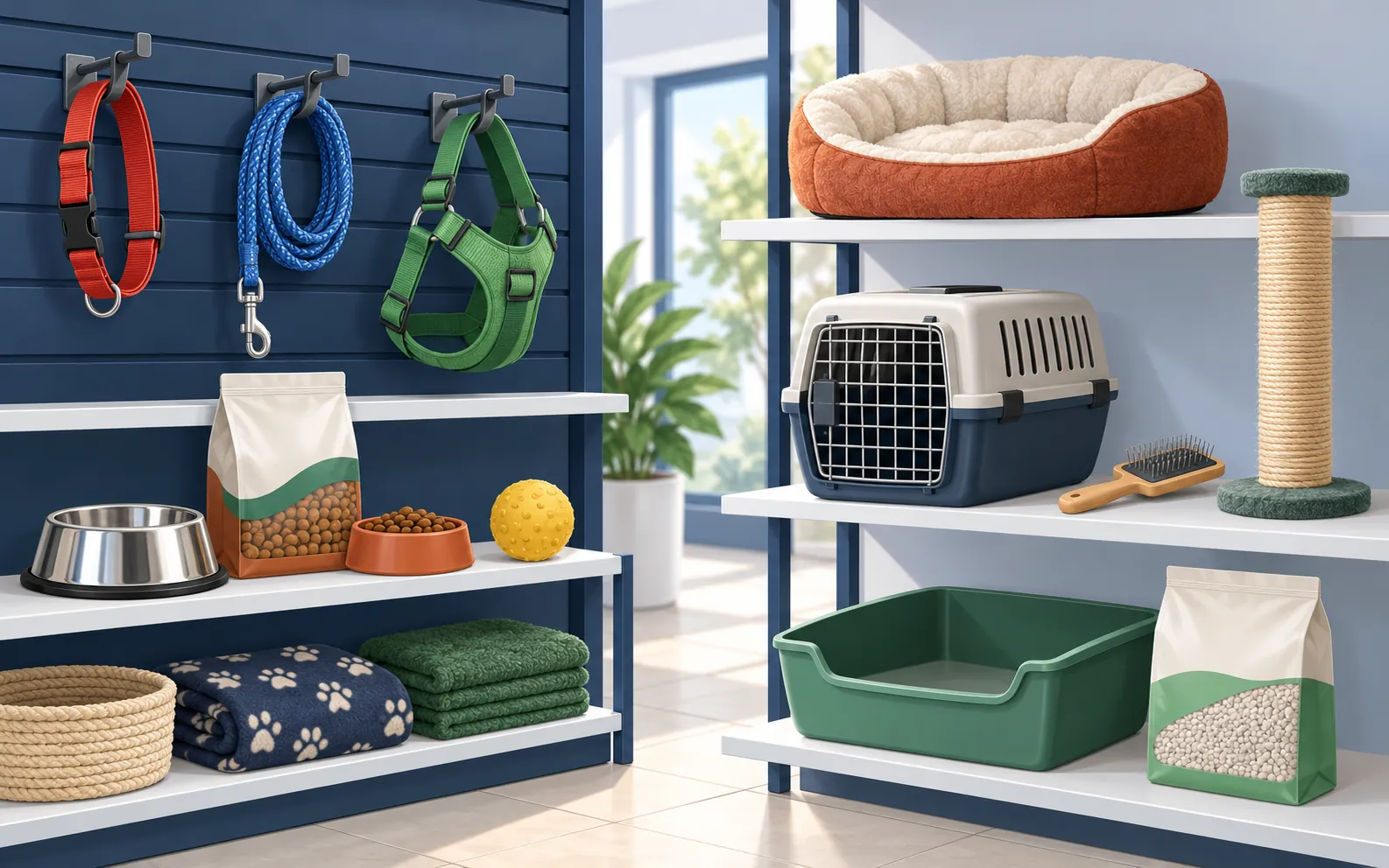 A bright pet-supply shop aisle with no live animals. The left wall has a red dog collar hanging above a blue coiled lead and a green dog harness on separate hoo