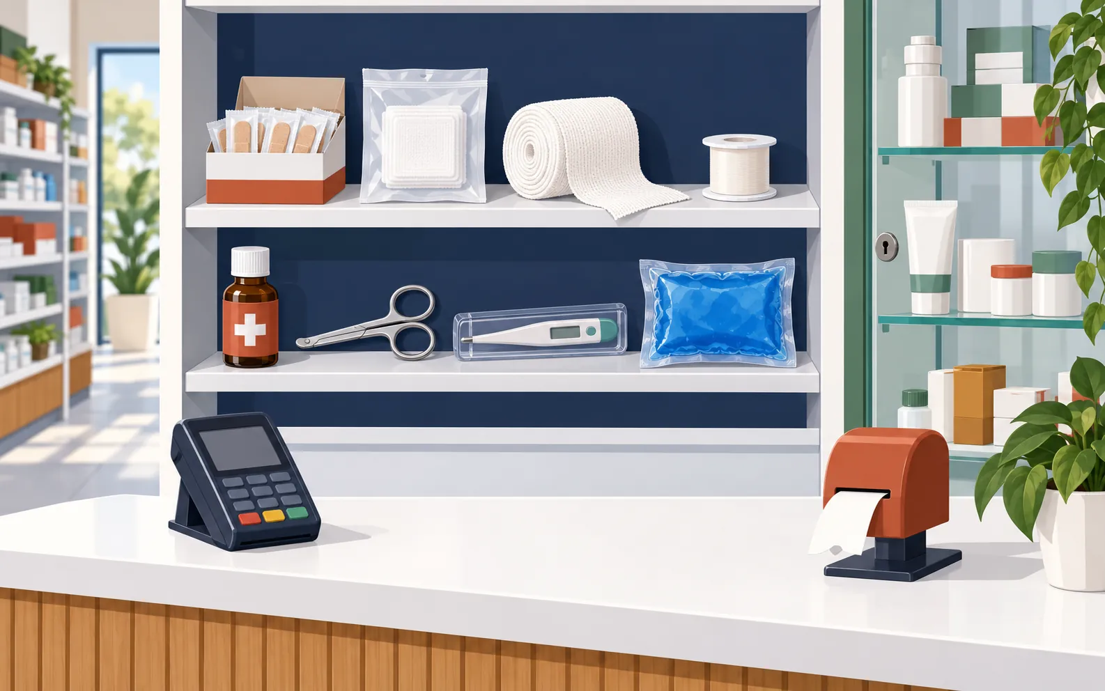 Wide cutaway of a bright neighbourhood pharmacy seen from the customer side. An open first-aid shelf holds a box of adhesive plasters, a sealed packet of gauze