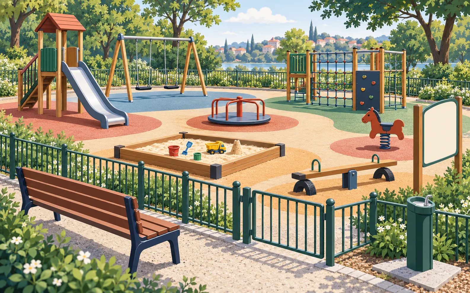 A colourful French public playground in a park, seen from a bench: a slide, two swings, a roundabout, a sandpit with toys, a climbing frame with a net, a spring