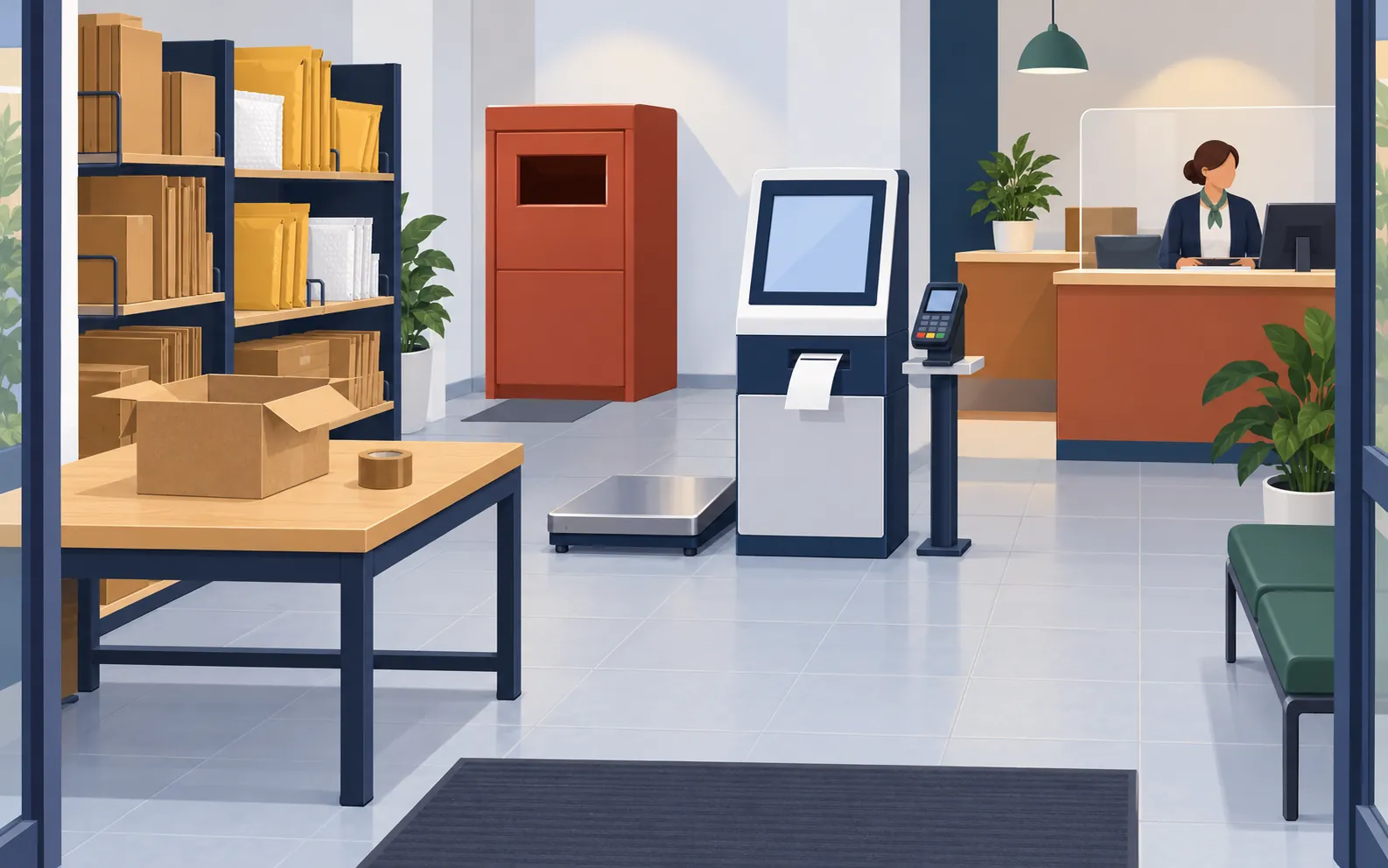 Una pequeña zona de autoservicio de correos vista desde la entrada. A la izquierda hay un expositor de cajas de envío vacías y sobres acolchados. Al lado hay una mesa de embalaje con una caja de cartón abierta y un rollo de cinta adhesiva.