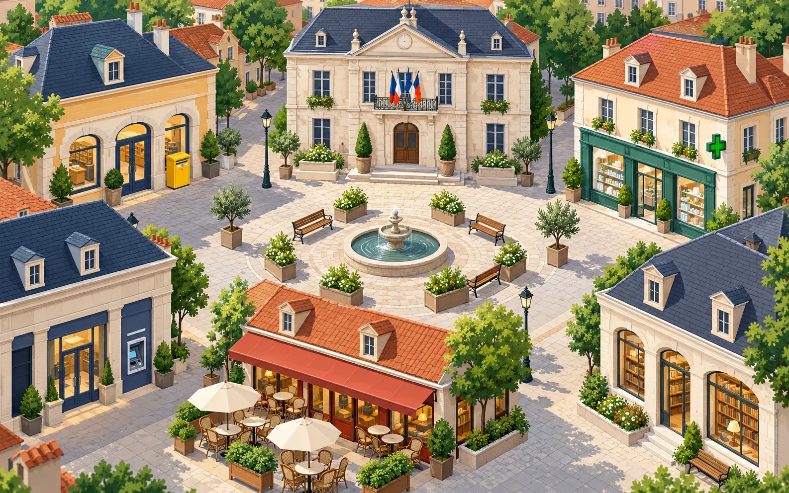 A compact French neighbourhood square viewed from above at a gentle angle. Six distinct buildings surround a pedestrian square: a post office with a yellow post
