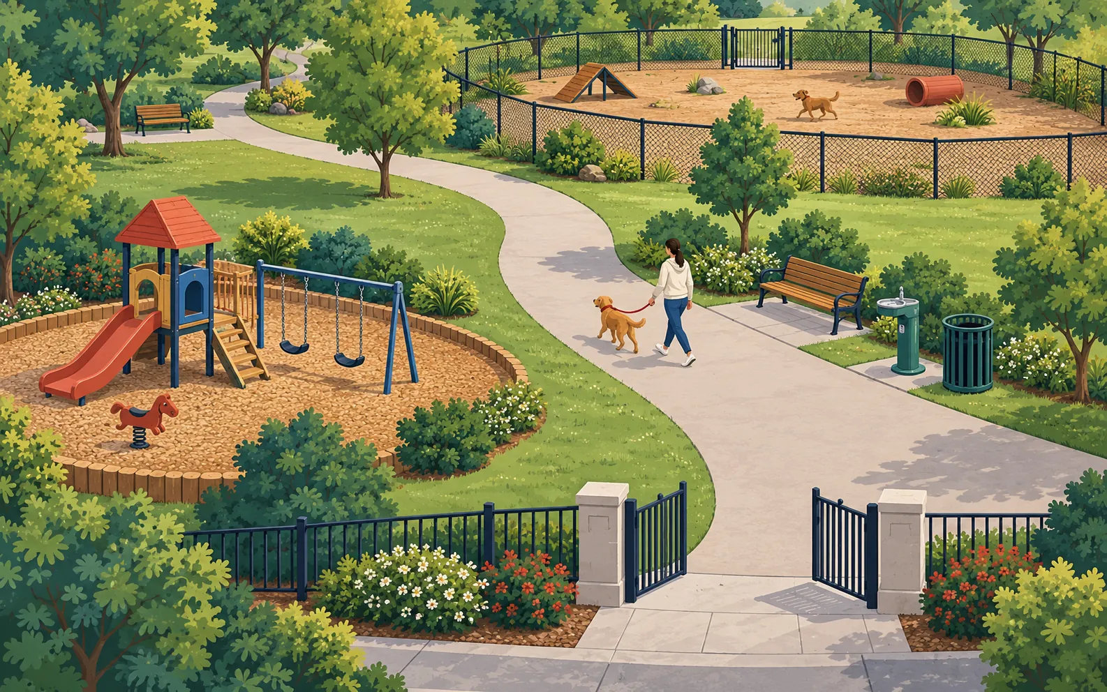 A neighbourhood park seen from above at an angle. A fenced dog exercise area with a small closed gate sits at the far end. A separate playground with a slide is