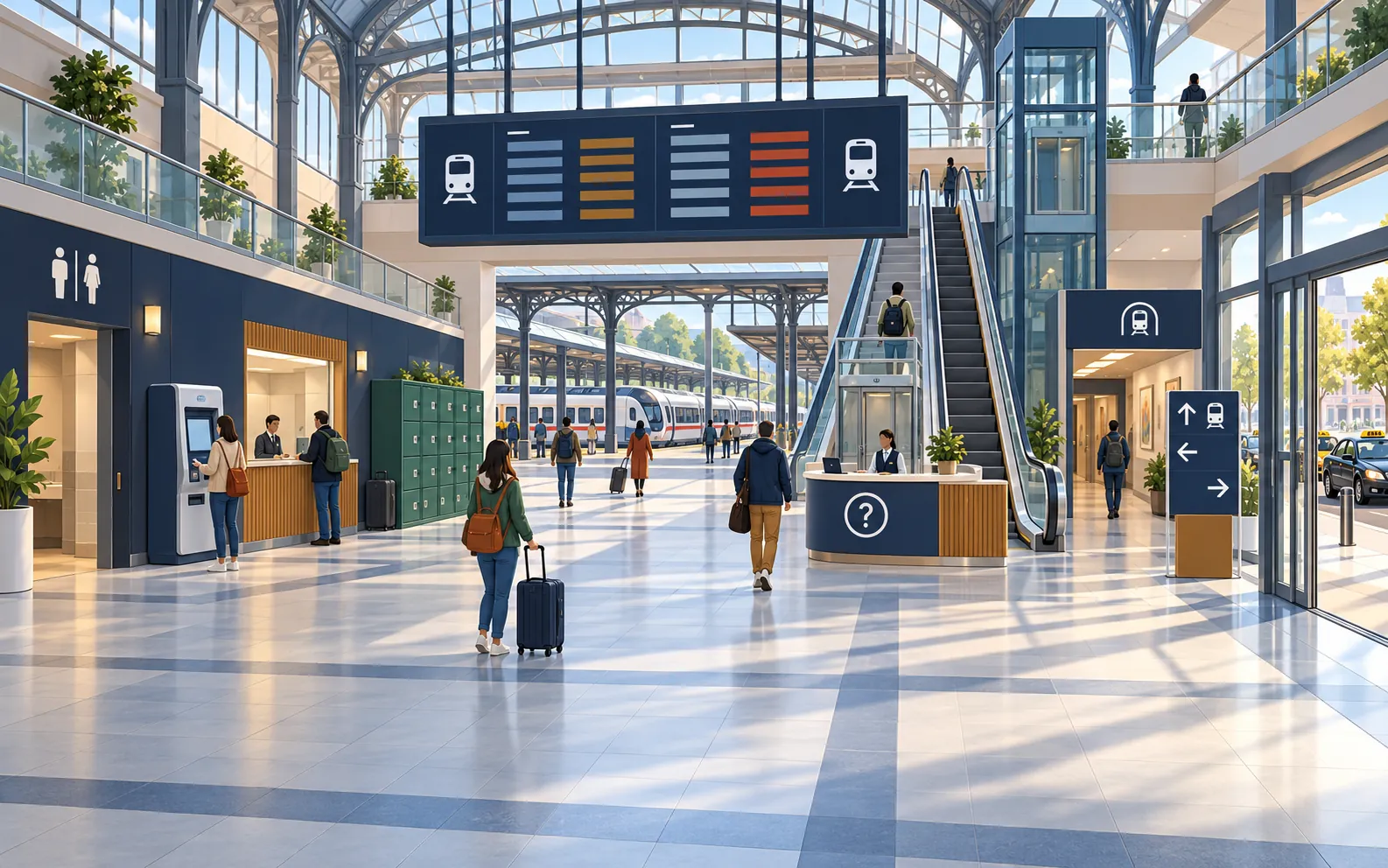 A bright railway-station concourse in a wide three-quarter view. A large departures board with abstract rows hangs centrally above a passage to a visible platfo