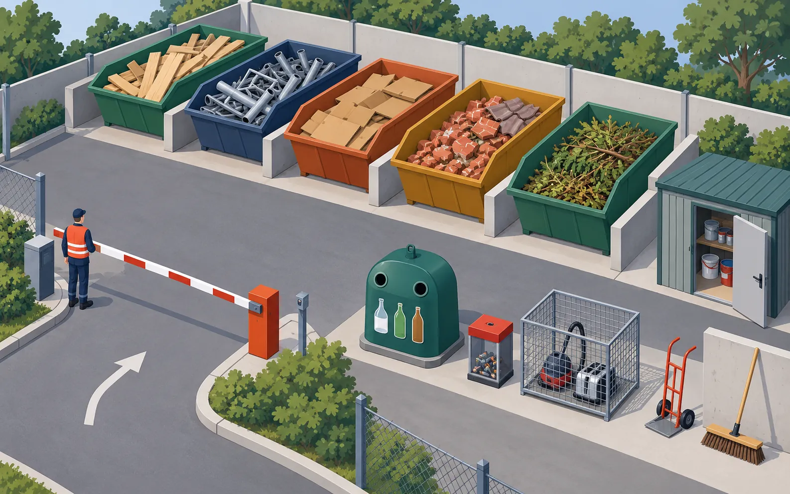 Clear overhead perspective of a small municipal recycling drop-off centre. The entrance has a lifting barrier and a staff member beside a clear waiting space. A