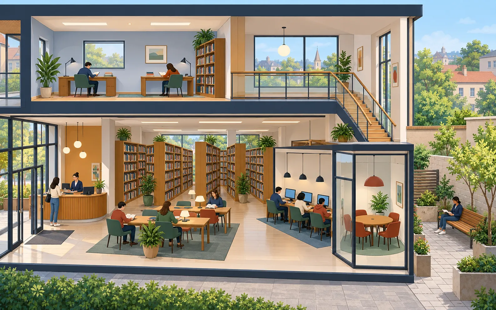 A bright neighbourhood library in a cutaway view, with an entrance reception desk, a reading room with tables and chairs, tall bookcases, a computer corner, a s