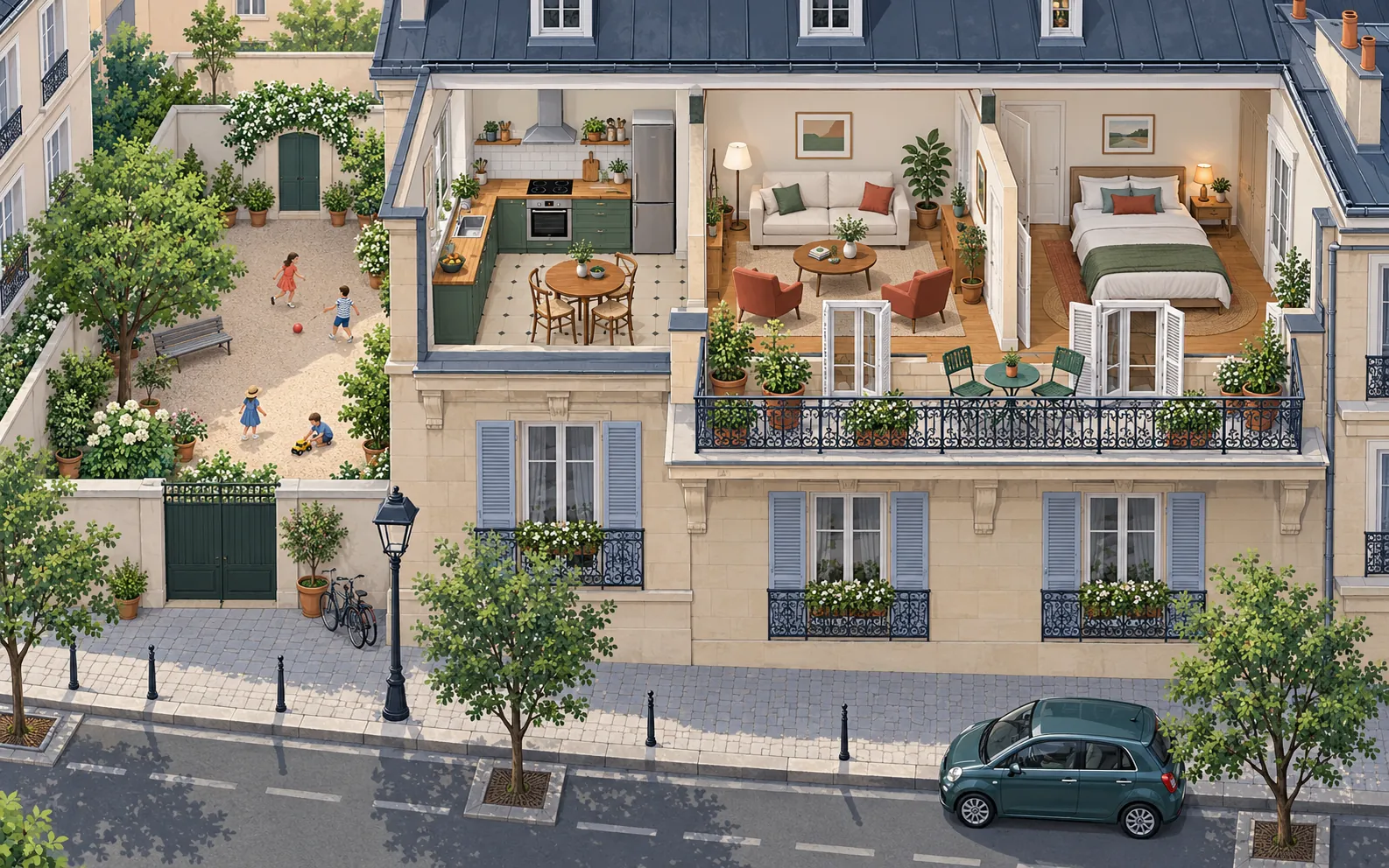 A cutaway view of a small French flat and its immediate surroundings, with a kitchen, living room, bedroom and balcony; outside are a shared courtyard and a qui