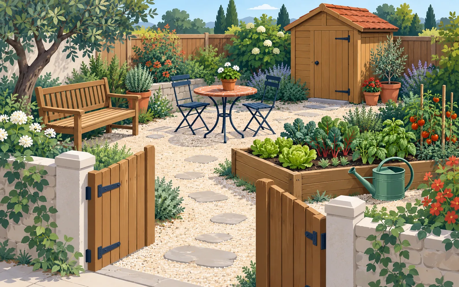 A compact community garden seen from slightly above. An open wooden gate is at the front. Inside are a vegetable bed, a wooden bench, a small table, a tool shed