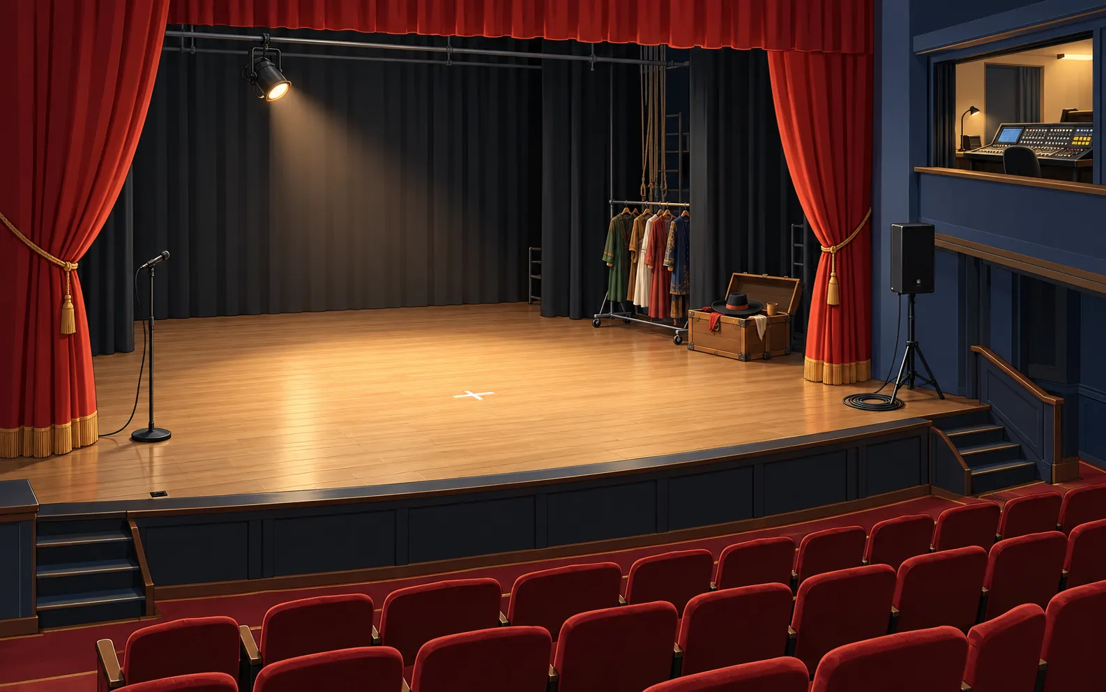 Cutaway view of a small theatre before rehearsal, seen diagonally from the auditorium so the stage, both wings and a small raised control booth are all visible.