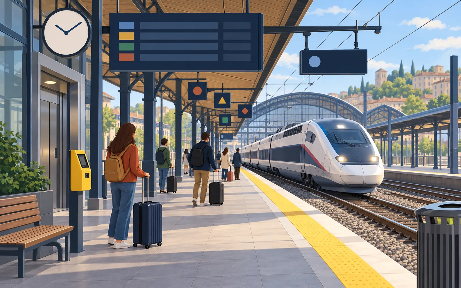 A French railway platform with a high-speed train arriving: a large departure board without readable text, a platform number sign, coach position markers with l