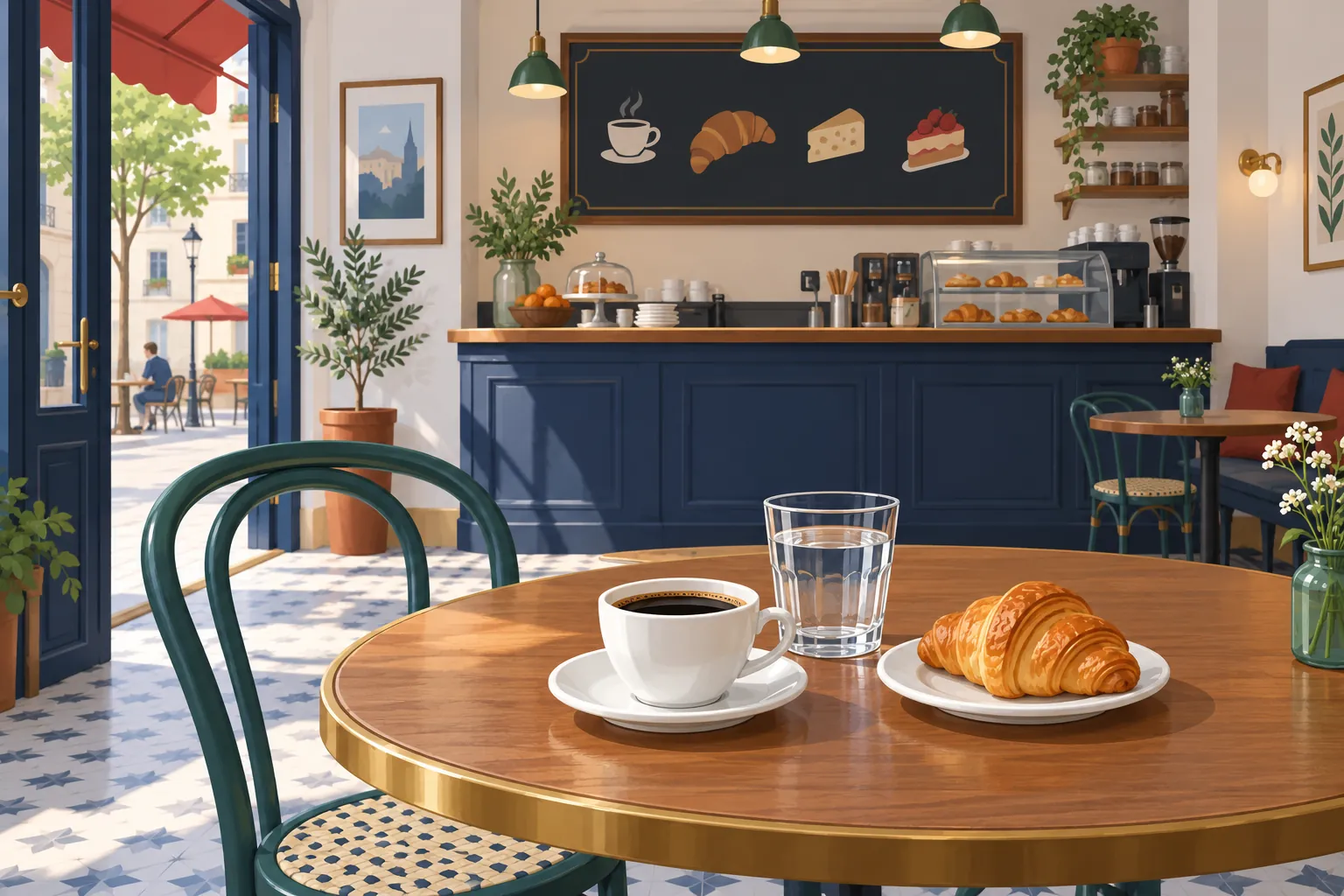A small French café seen from the entrance, with a serving counter at the back, a wall menu, a table with a cup of coffee and a glass of water, and a plate hold