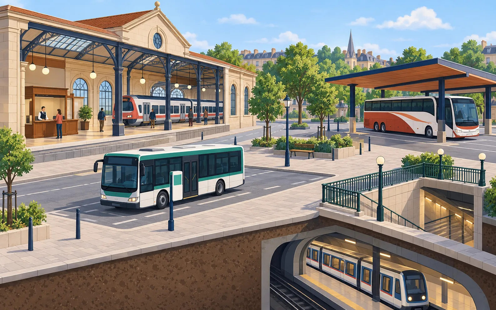 A clear oblique cutaway illustration of one French transport square. On the left a railway station building has its front wall cut away to reveal one staffed ti
