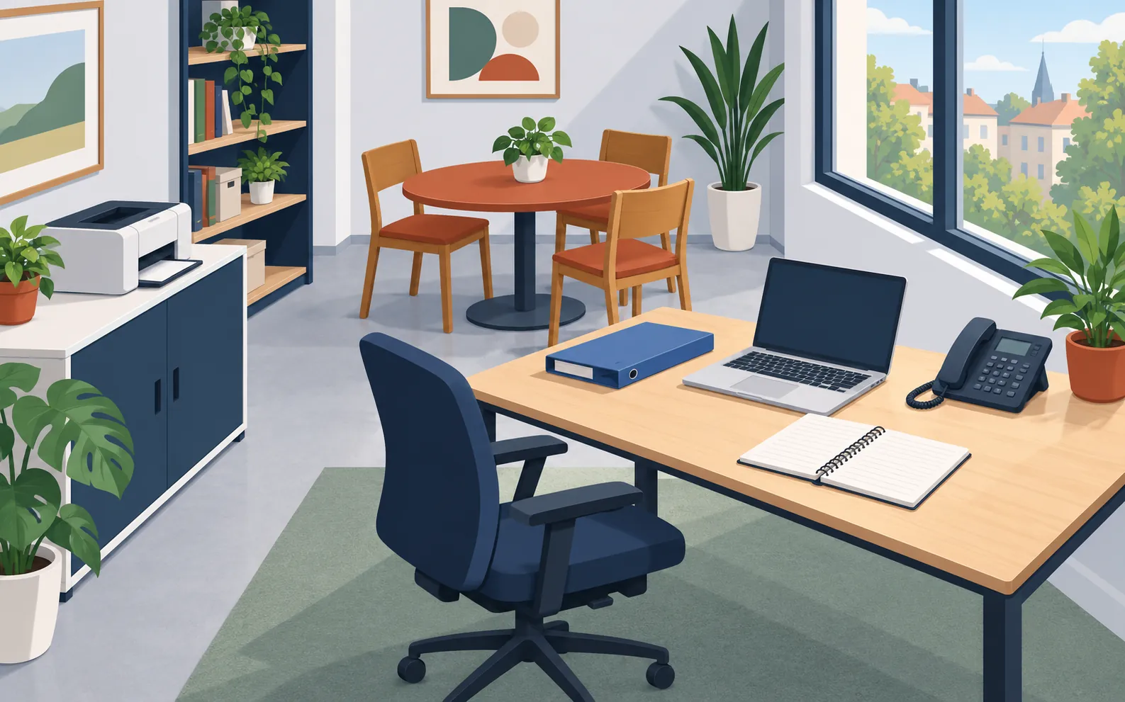 A bright small association office viewed as a cutaway from slightly above. A large window is on the right wall. At the front, near that window, is one desk hold