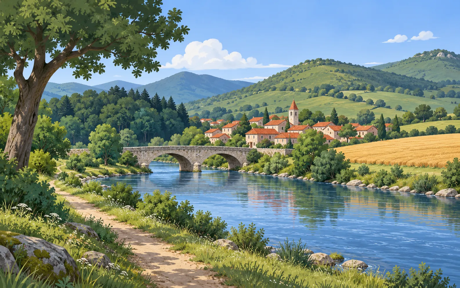A calm rural valley seen from a low hillside in daylight. In the foreground a winding footpath follows the near bank of a river, with one large leafy tree on th